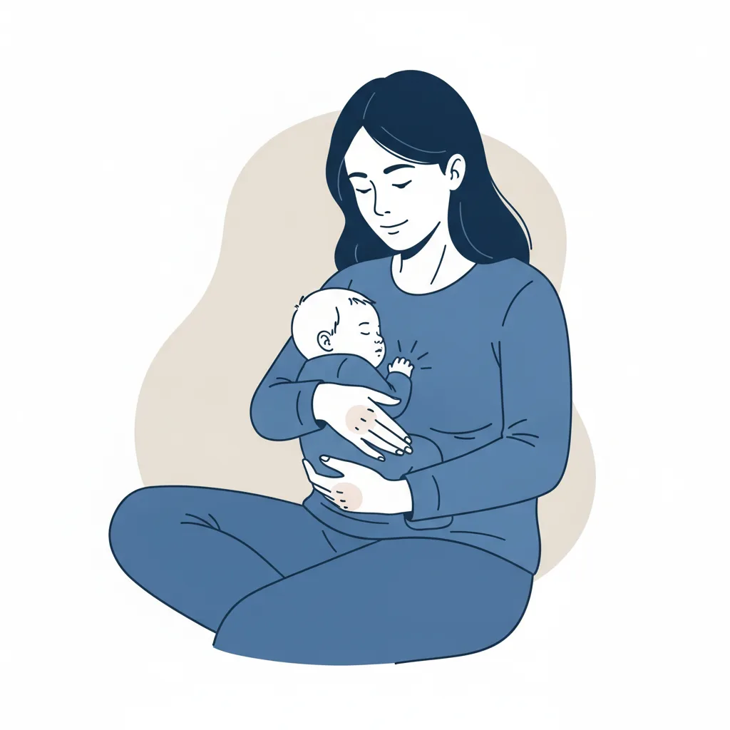 아기를 안는 산모의 일상 속에서 드퀘르벵 건초염으로 인한 엄지 손목통증이 시작되는 모습<p style=