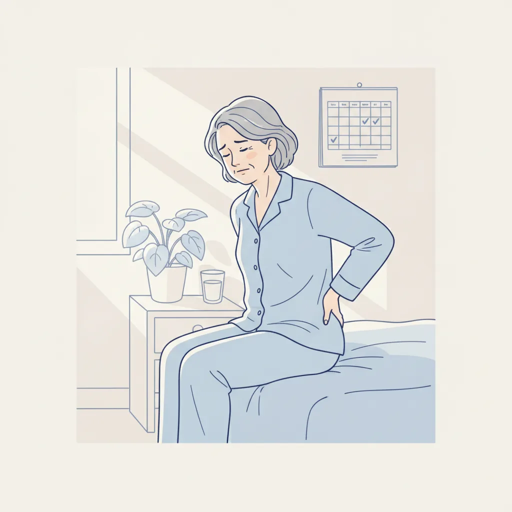 폐경 후 여성이 허리 통증으로 인해 허리를 잡고 있는 일상 장면으로, 골다공증성 척추 압박골절의 증상을 나타냄<p style=
