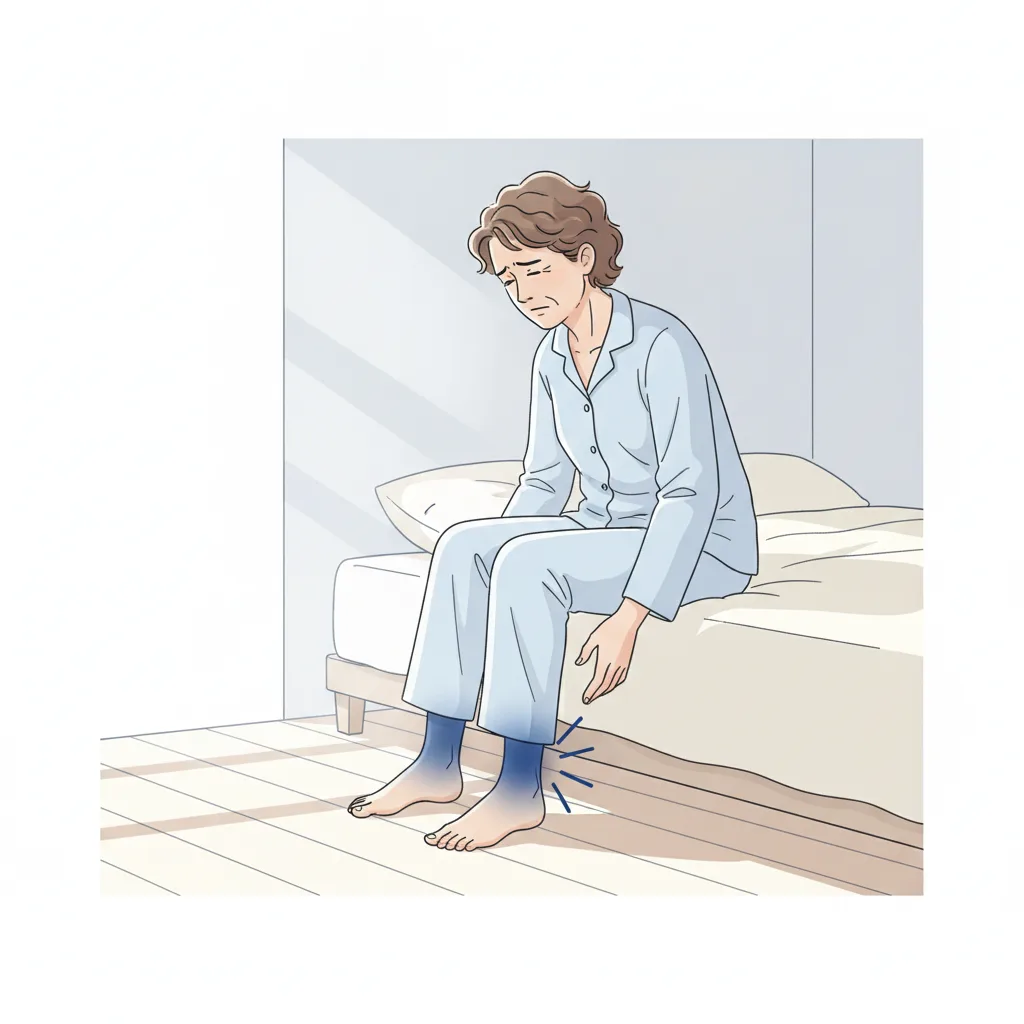 아침에 침대에서 내려오면서 발뒤꿈치 통증으로 움찔하는 중년 환자의 모습