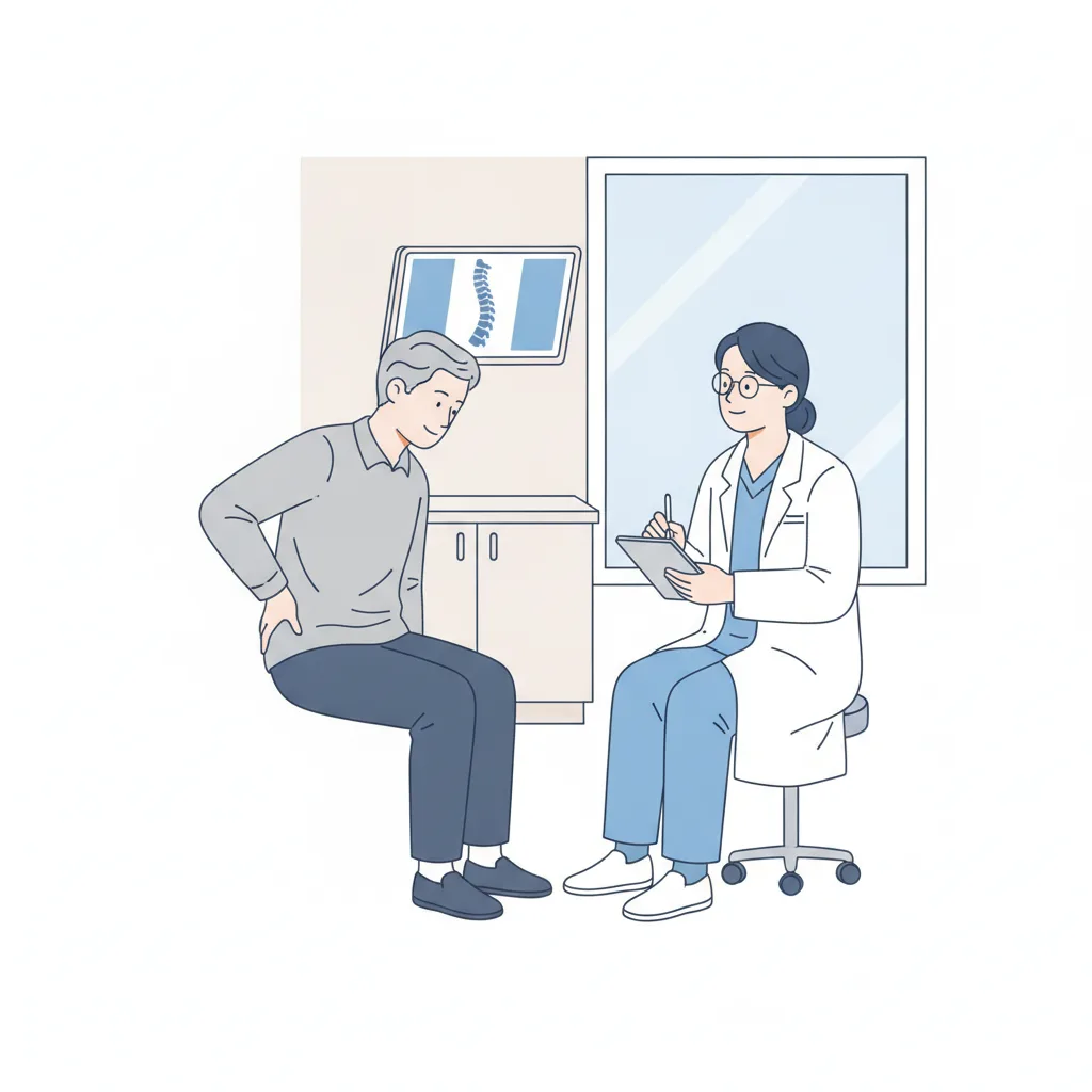 허리디스크로 인한 통증과 다리 저림 증상을 호소하며 정형외과 의사와 상담하고 있는 환자의 모습<p style=