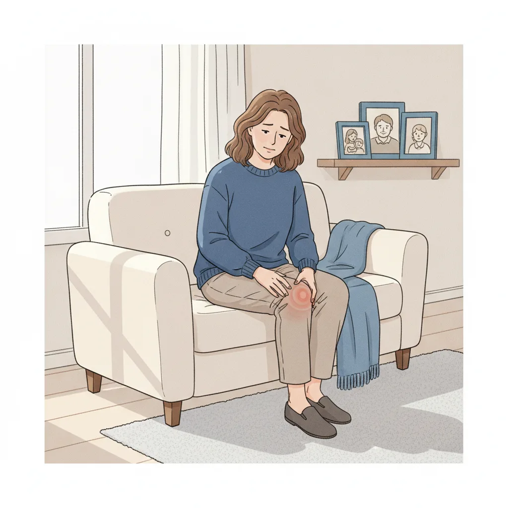 부모님 무릎 붓기와 통증으로 고민하는 중년 여성이 집에서 무릎을 살펴보고 있는 모습