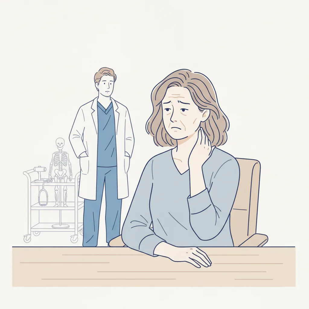 목·어깨 통증으로 일상생활에 불편함을 겪는 환자가 정형외과에서 신경학적 검사와 초음파 검사를 받으며 도수치료 진료 경로를 시작하는 모습