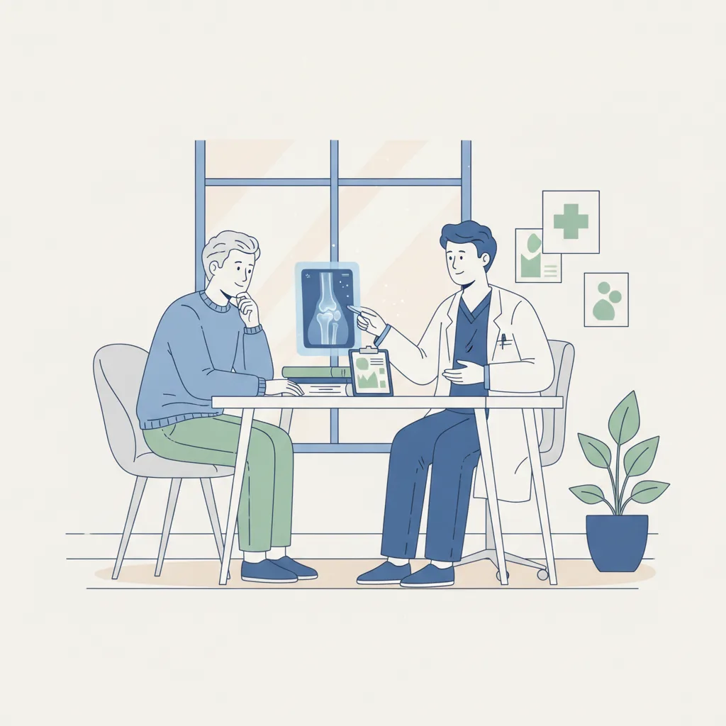 수술 권유를 받은 무릎 통증 환자가 정형외과 의사의 상담을 받으며 검사 결과를 함께 검토하고 있다.<p style=