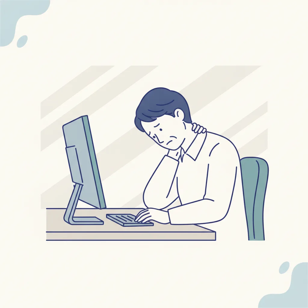 모니터를 내려다보며 거북목 자세를 취하고 있는 사무직 근로자가 목과 어깨 결림을 호소하고 있는 모습<p style=