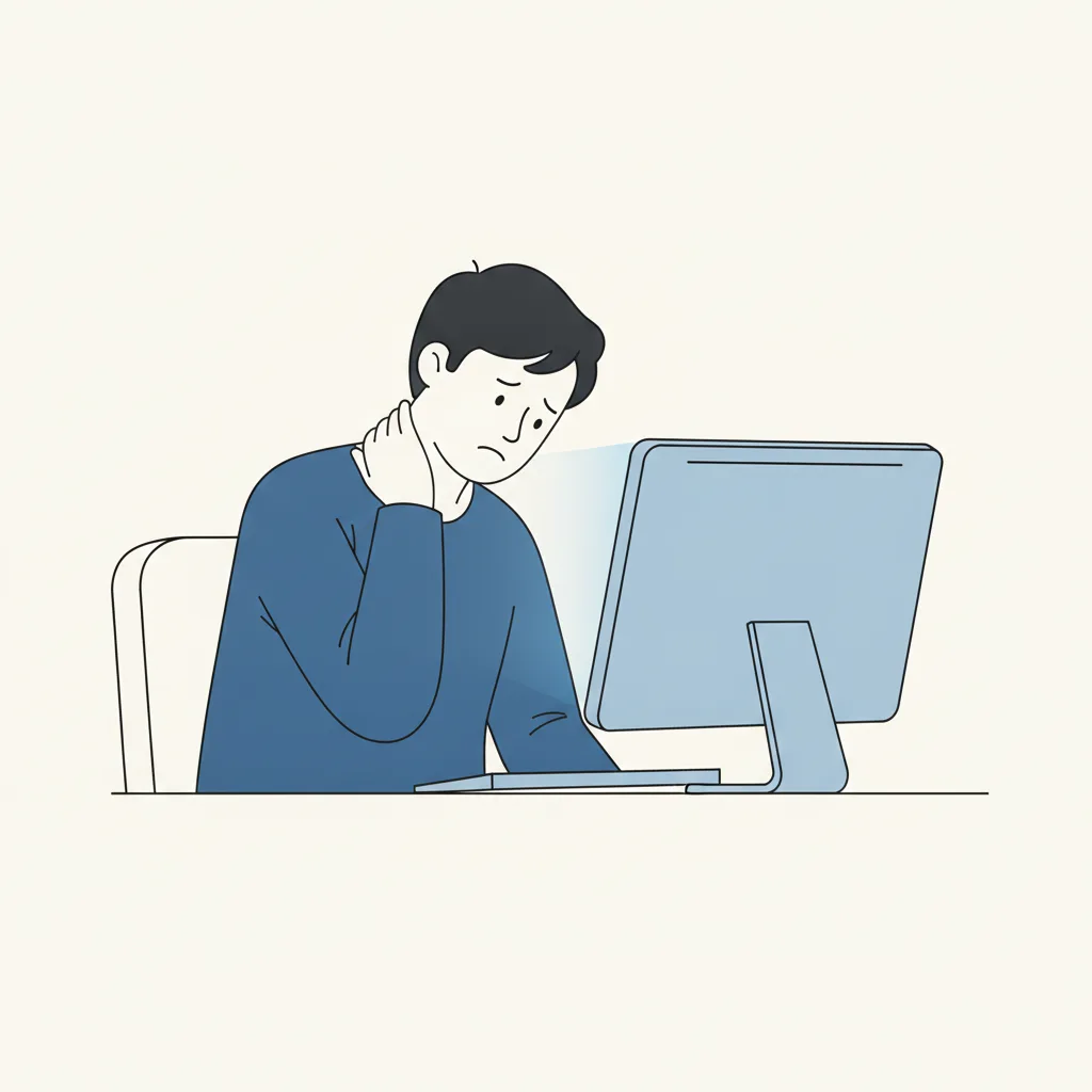 사무직 직원이 거북목 자세로 앉아 목 뒤 뻐근함을 느끼고 있는 장면<p style=