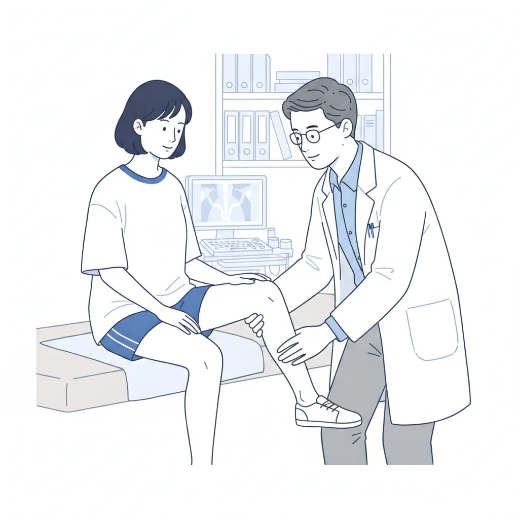 무릎 외상 후 정형외과에서 촉진 검진을 받는 환자의 진료 장면<p style=