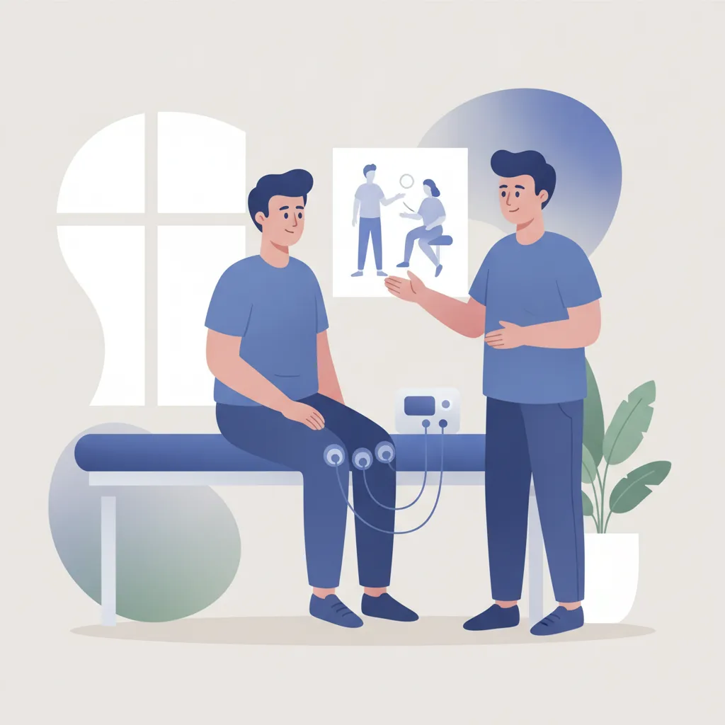 무릎 전기치료(TENS)를 받는 환자가 실제 운동치료로 기능 회복까지 연결되는 치료 과정을 보여주는 진료실 장면.<p style=