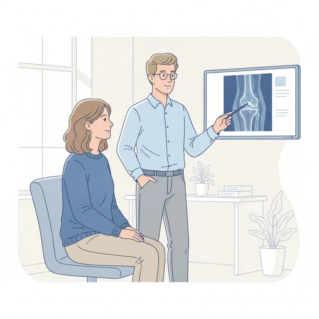 무릎 MRI 영상을 보며 정형외과 전문의로부터 반월상연골 파열에 대한 진료 상담을 받고 있는 환자<p style=