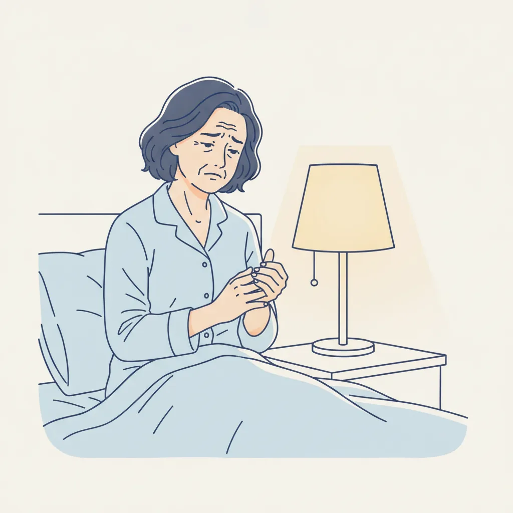 밤에 손이 저려 깨어난 환자가 손을 흔들며 손목터널증후군 증상을 보이고 있다.<p style=