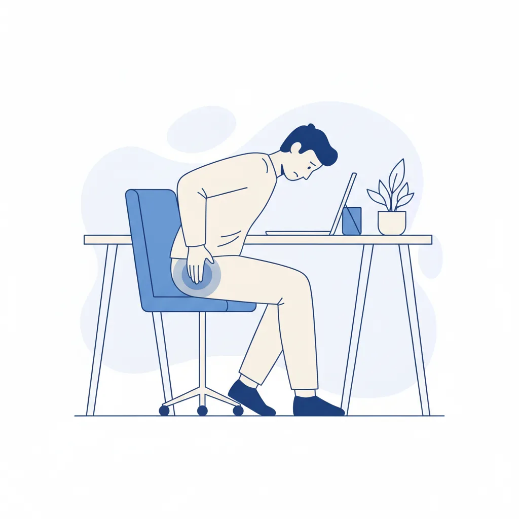 앉아 있을 때 엉덩이와 다리 저림이 악화되는 이상근증후군 환자의 모습<p style=