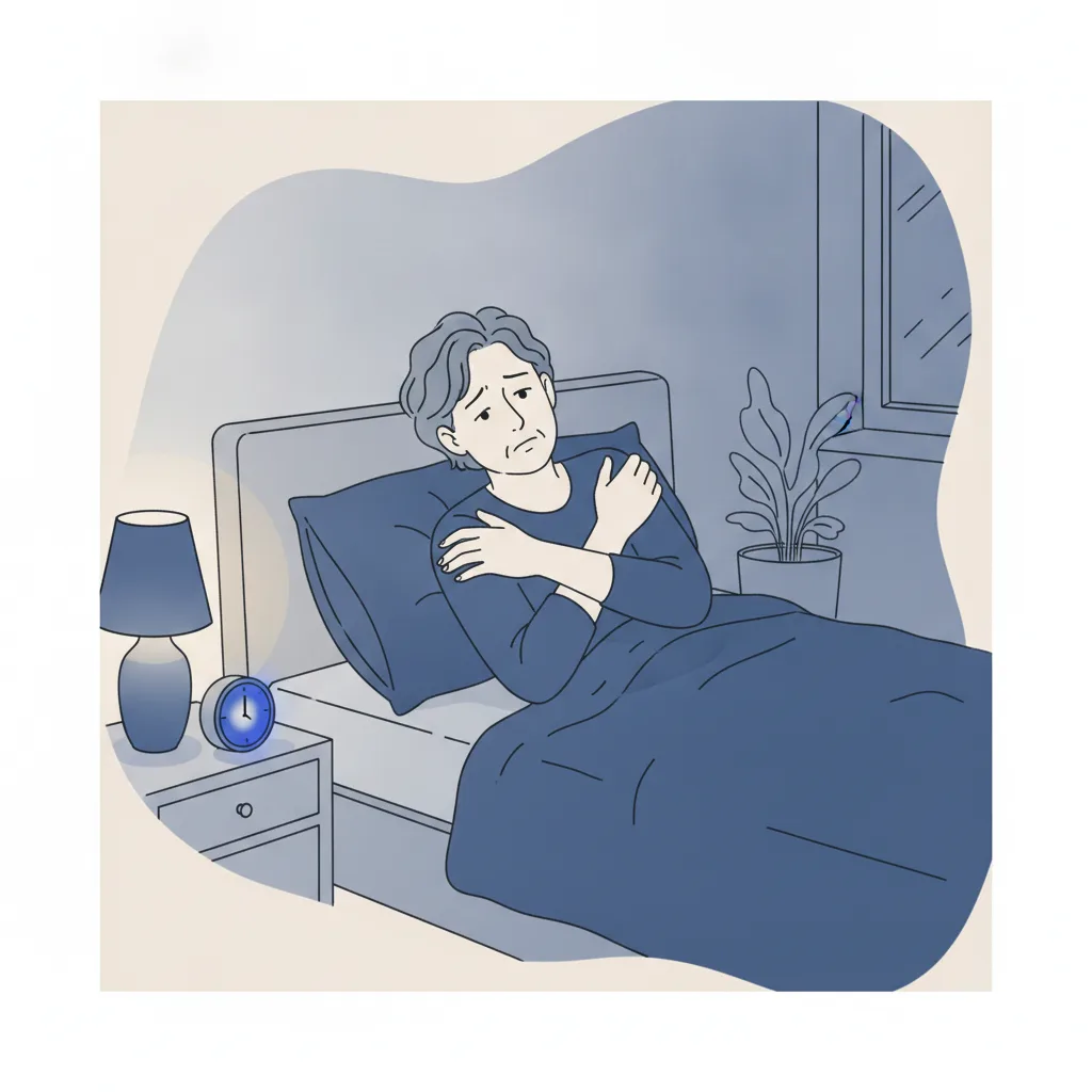 밤에 어깨 통증으로 뒤척이는 환자의 모습으로 오십견과 회전근개 파열 진단의 필요성을 시각화<p style=