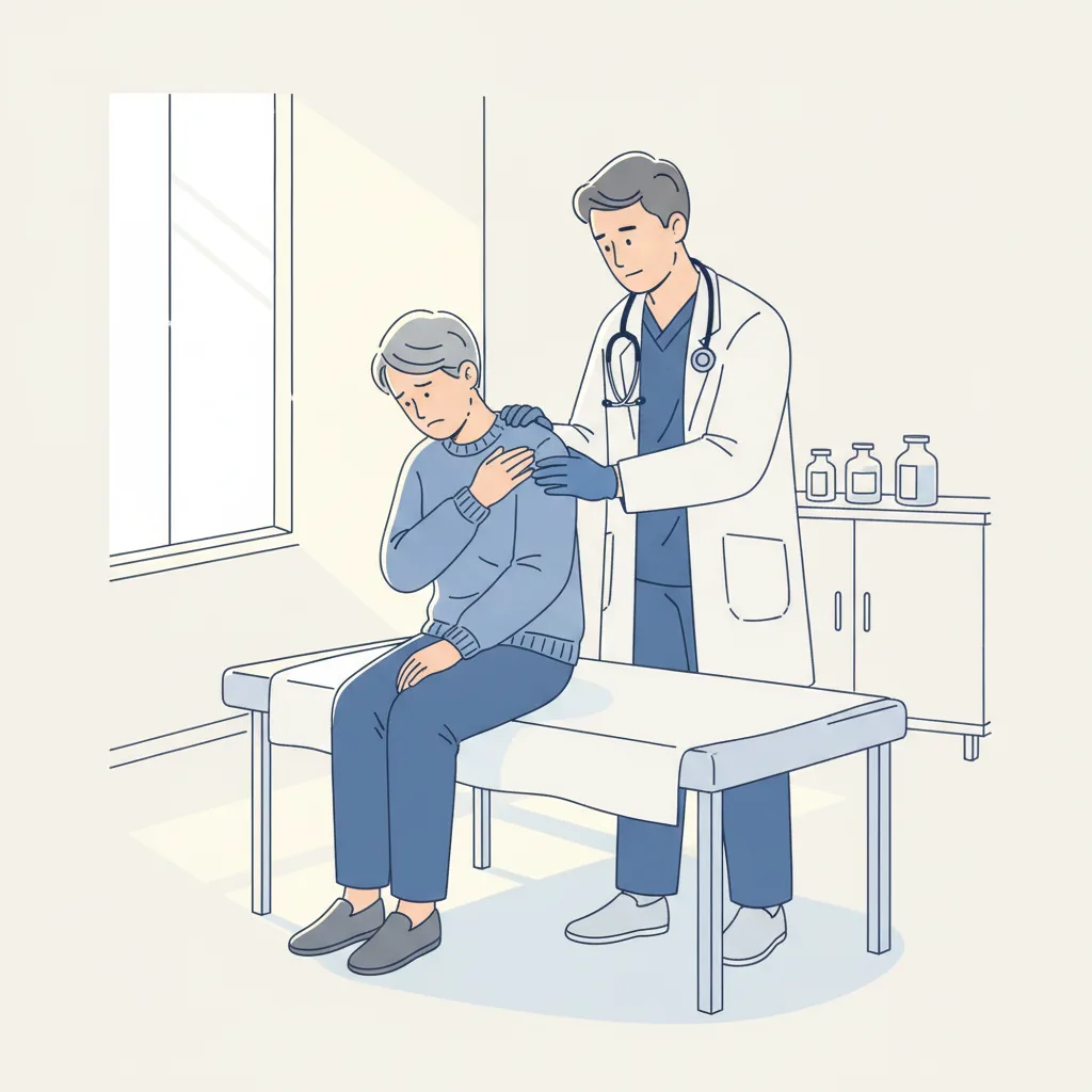 어깨 통증으로 정형외과에 내원한 환자가 의사에게 진료를 받고 있는 모습